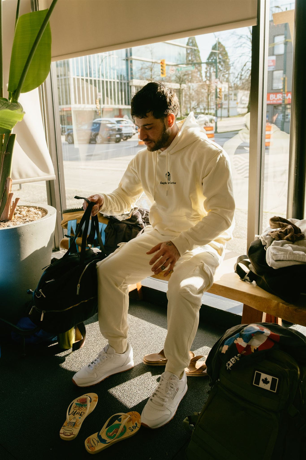 Gentle Art Collective ivory joggers with a relaxed fit, featuring soft fabric and stylish design for comfortable casual wear.