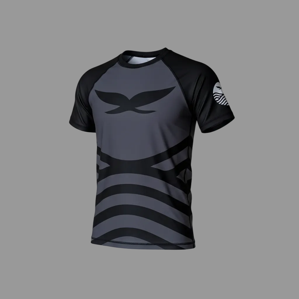Black and gray athletic shirt RASH GUARD with wavy pattern on a light gray background