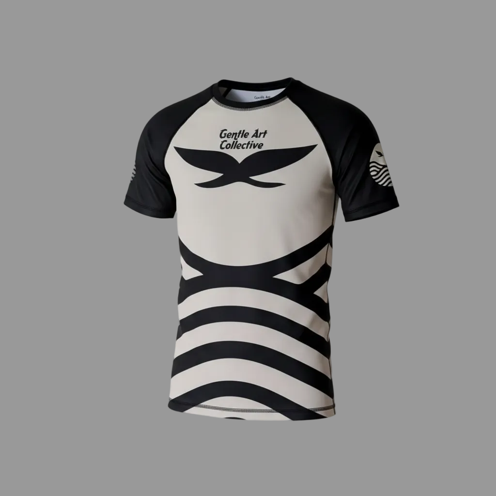 Black and white t-shirt with 'Gentle Art Collective' design on a gray background