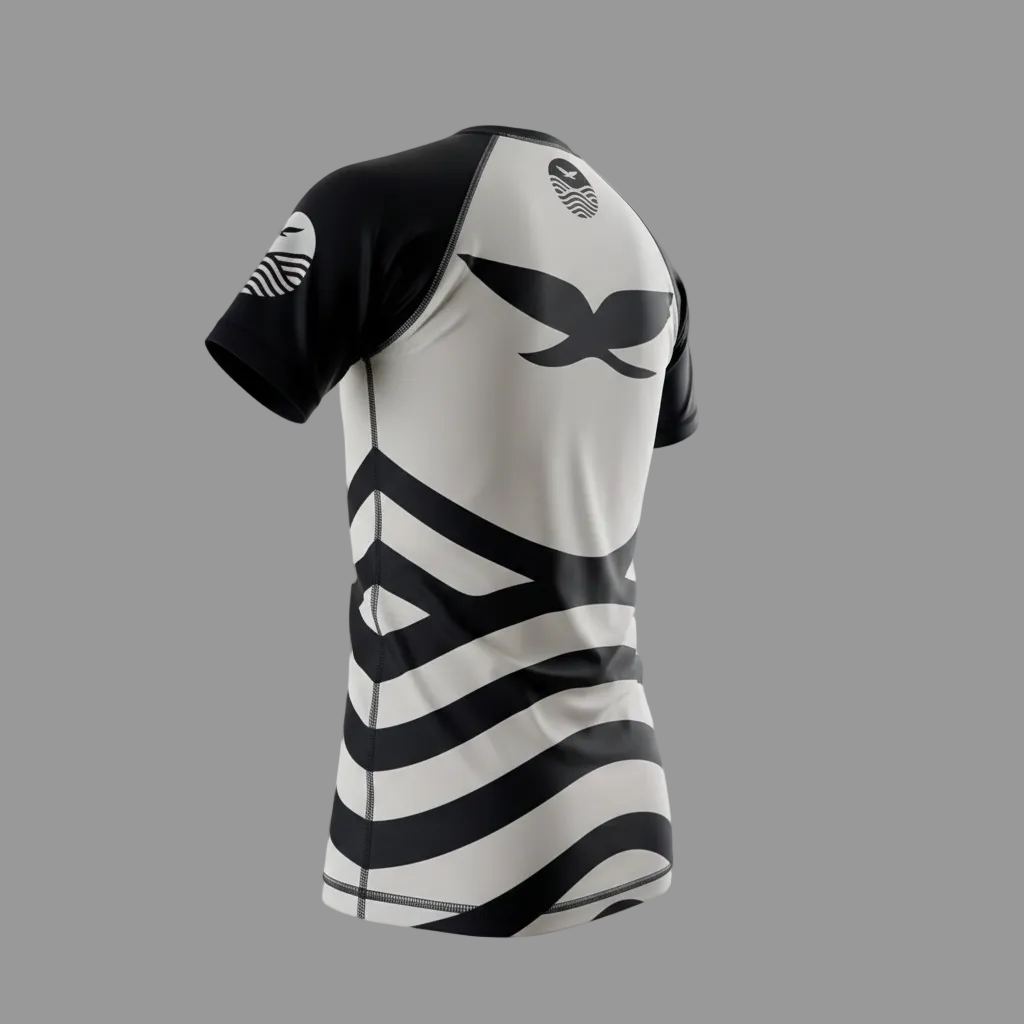 Black and white Brasilian Jui Jutsi Rash Guard with geometric designs on a gray background