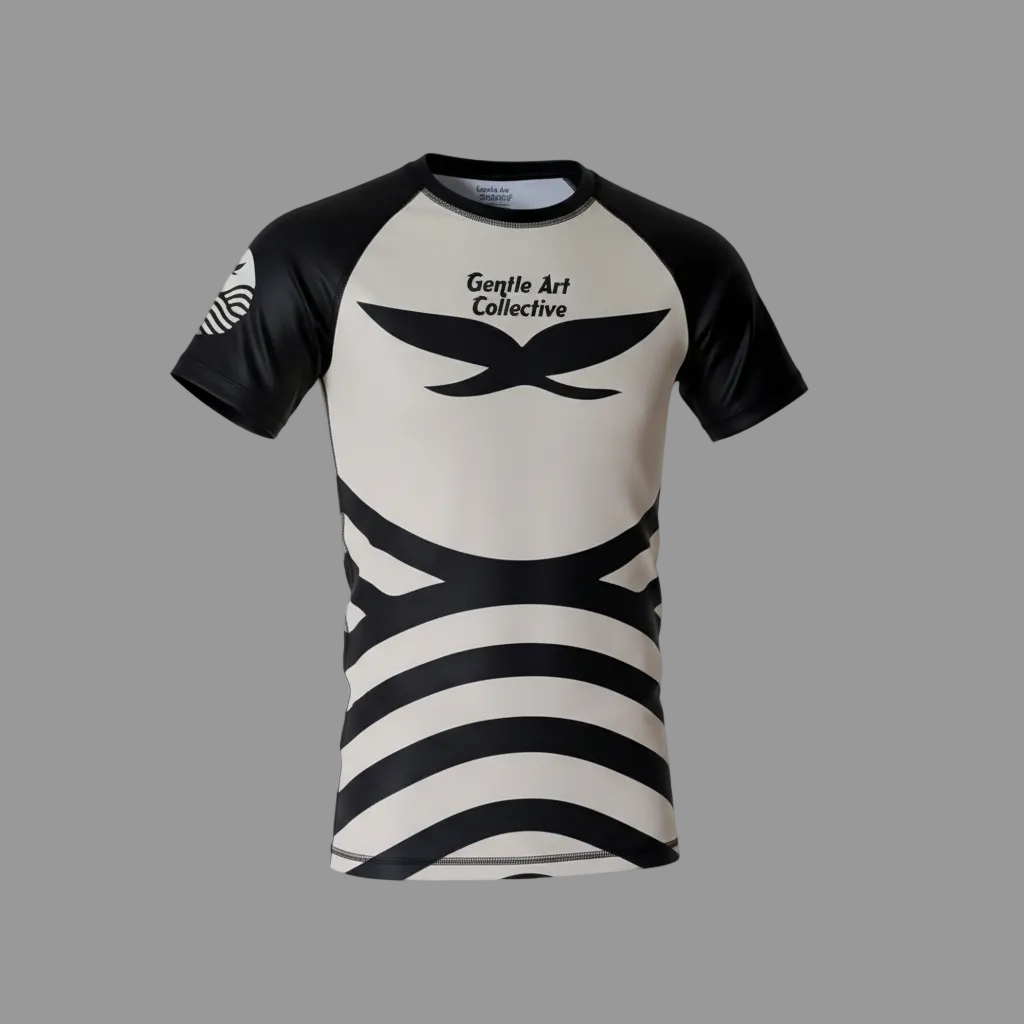 Black and white t-shirt with a design and text on a gray background